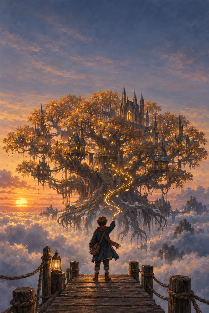 A boy on a wooden dock above the clouds looks up at a giant glowing tree with towers in its branches; a ribbon of golden light runs from his hand to the tree.