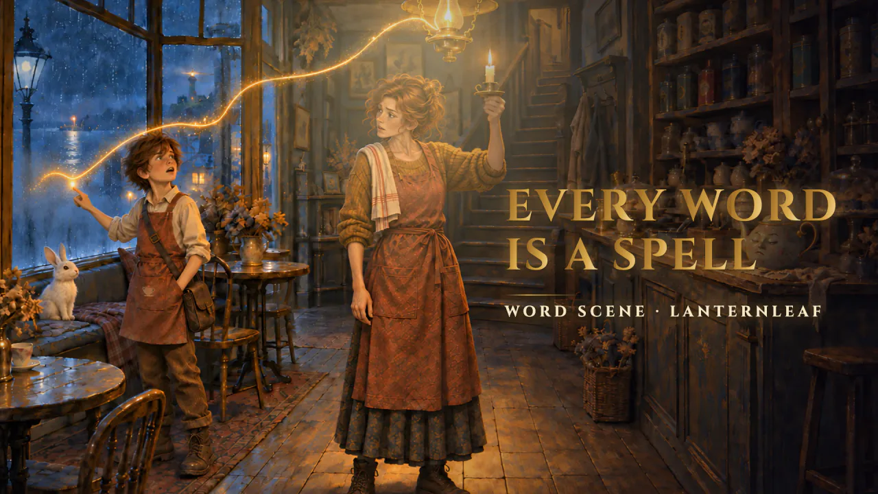 Play the trailer (1 minute): in a candlelit tea shop on a rainy night, a boy points at a hanging lamp and a thread of golden light runs from his finger to it, while his mother holds up a candle.