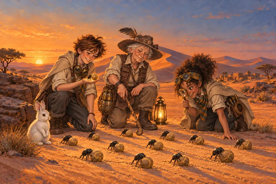 Two children and a teacher in a wide hat kneel in the desert at sunset, watching small beetles roll balls of sand while a white rabbit looks on.