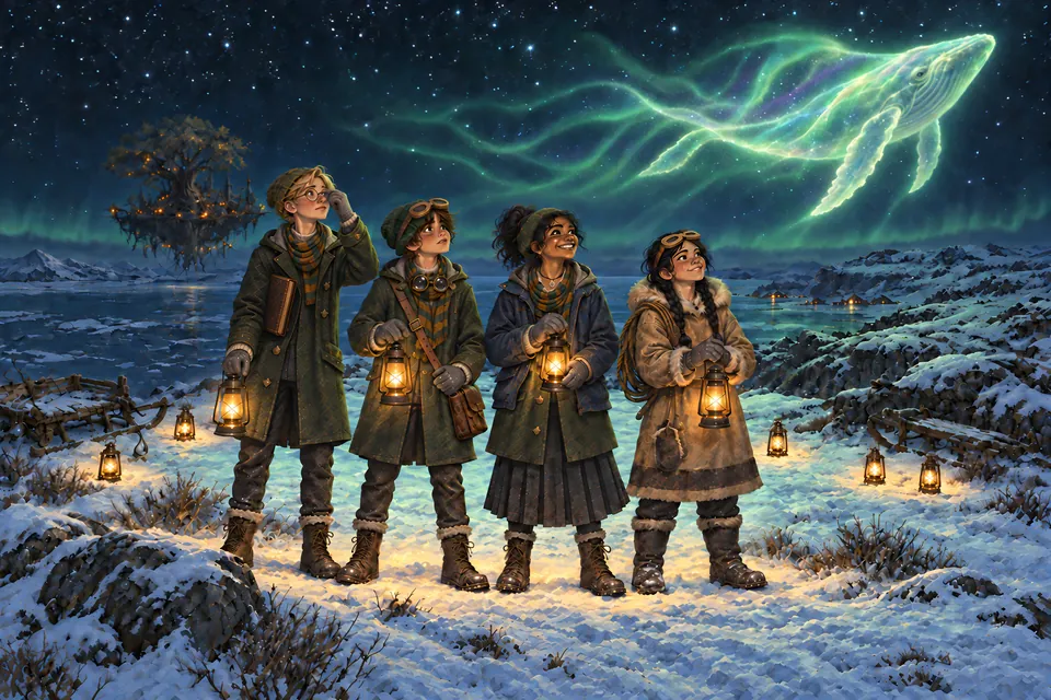 Four friends with lanterns stand on snowy ground at night and look up at a whale made of green northern lights.