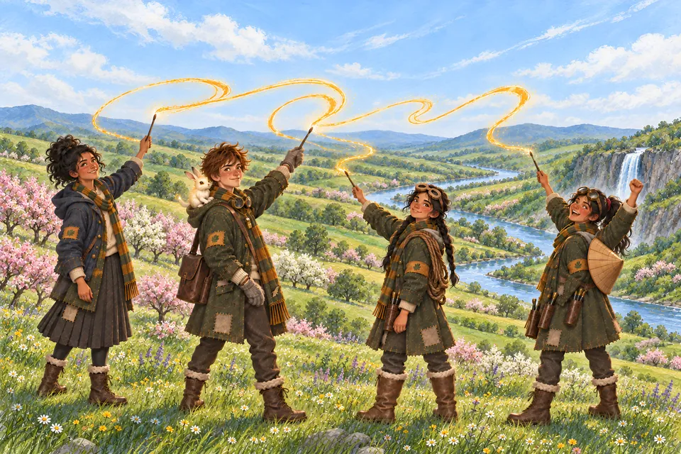 Four friends raise glowing pens and draw golden swirls in the sky over a green valley of blossom, rivers and a waterfall.