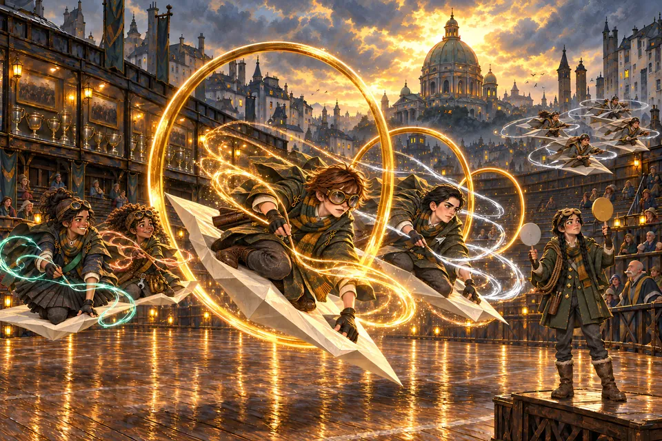 Young riders on paper gliders race through golden rings of light above a stadium in a city of domes and towers.